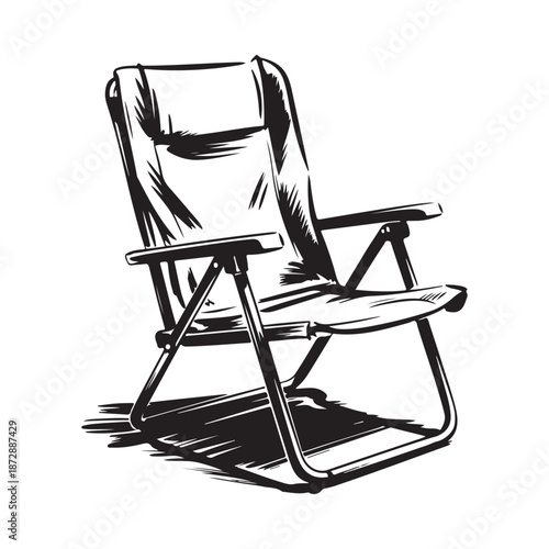 A simple black and white sketch depicts a comfortable foldable outdoor camping chair