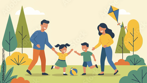 Happy family with two children playing outdoors in a park with a kite