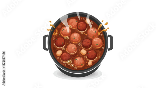 A vibrant illustration of succulent meatballs bubbling gently in a savory, rich sauce within a dark cooking pot, emitting inviting steam for a