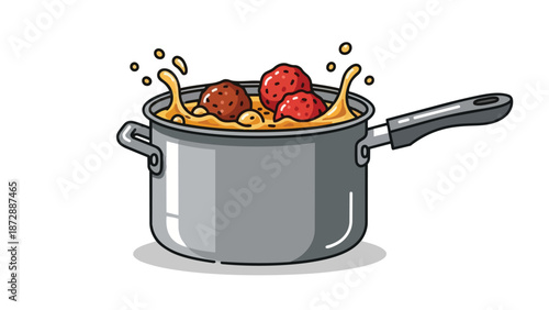 A delightful cartoon illustration of a metal cooking pot bubbling with delicious meatballs in a rich, golden sauce. Dynamic culinary scene with