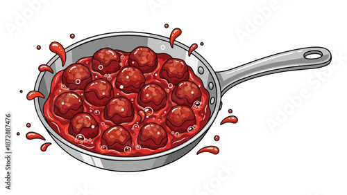 Delicious cartoon meatballs simmering in vibrant tomato sauce within a silver frying pan, ready to serve