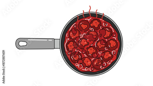 A delightful illustration showcasing delectable meatballs simmering in a rich crimson sauce within a pan radiating comforting warmth and culinary