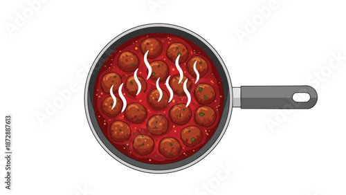 An engaging illustration showcasing succulent meatballs gently simmering in a rich, bubbling tomato sauce inside a cooking pan, emitting warm steam