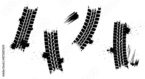 Black tire track marks with grunge ink splashes on white background