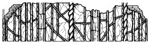 Old wooden fence texture with cracks and rope details in sketch style