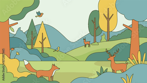 Cartoon forest landscape with deer, fox, and flying birds