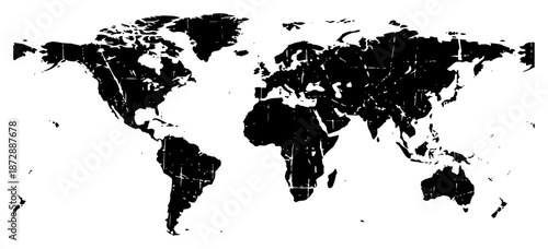 Black world map silhouette with distressed grunge texture effect