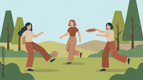 Three women playing soccer and frisbee in a park, enjoying outdoor recreation