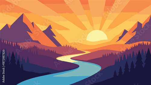 Vibrant Flat Design Landscape: Mountains, River, Forest, and Sun Rays