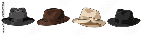 Set collection fedora hat from various view. Vector illustrations cowboy cap with different angle. Bundle cartoon design headgear for vacation in transparent background. 