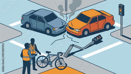 Road traffic accident scene with damaged cars and bicycle at intersection