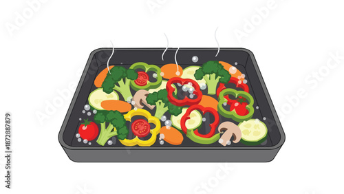 A colorful collection of fresh, chopped vegetables gently simmering in a dark baking pan, ready for a healthy meal, emphasizing wholesome cooking