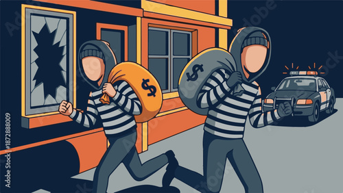 Two cartoon thieves with loot bags running from a robbery scene with police.