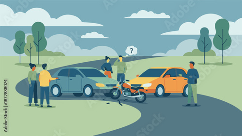 Illustration of a road accident involving cars and a motorcycle