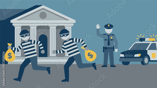 Bank robbers running with money bags from a police officer and car