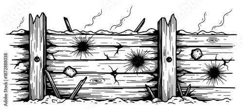 Wooden trench barricade with bullet holes and rising smoke in grunge style