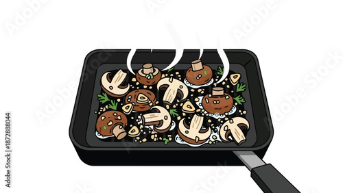An inviting illustration captures a skillet full of fresh mushrooms, both sliced and whole, cooking with aromatic garlic and herbs, producing gentle