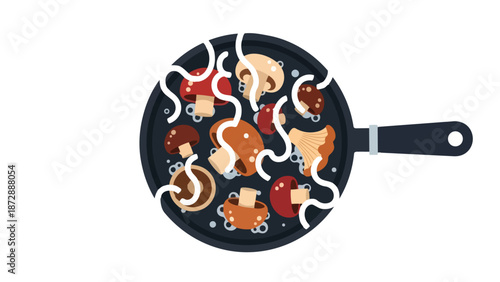 Sautéed Fungi Delight: A Vibrant Culinary Illustration of Mushrooms Cooking in a Hot Pan with Steam