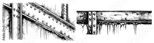 Industrial riveted steel beams with hanging icicles and vintage texture