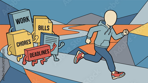 Person escaping daily life pressures: work, bills, chores, deadlines
