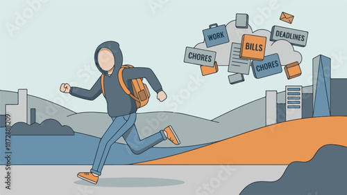 Overwhelmed person escaping daily responsibilities and urban stress