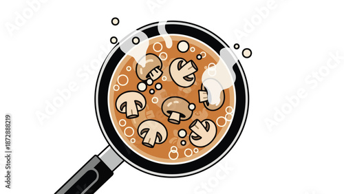 Overhead cartoon illustration showing flavorful mushrooms gently cooking in a hot pan, bubbling actively