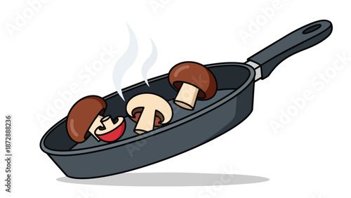 Sizzling Gourmet Mushrooms Cooking in a Frying Pan Cartoon Illustration Healthy Meal Preparation perfect culinary visual for food blogs and healthy