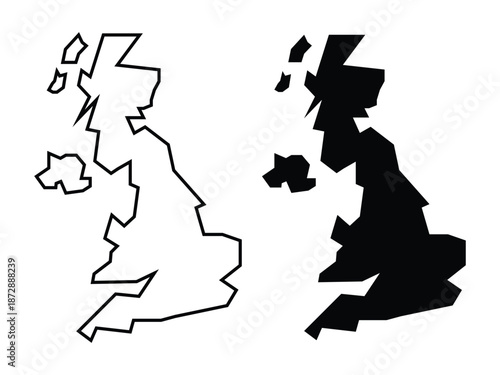 United kingdom outline map comparison showing both line and filled silhouette