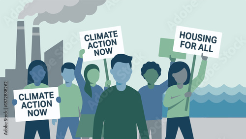 Diverse group protesting for climate action and affordable housing