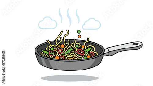 A vibrant illustration of savory stir-fried noodles harmoniously blending with crisp garden vegetables gently simmering in a sleek modern frying pan