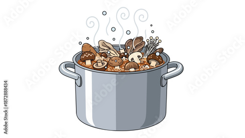 Vibrant hand-drawn illustration of a steaming metal pot with diverse mushrooms and greens, bubbling in flavorful broth, conveying wholesome,