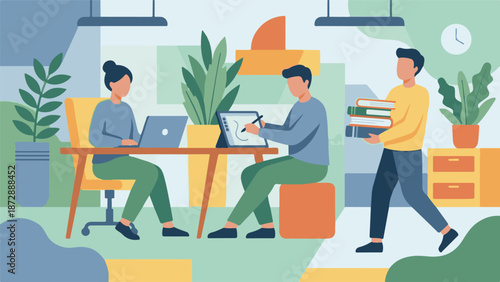 Professionals collaborating and working in a modern office environment