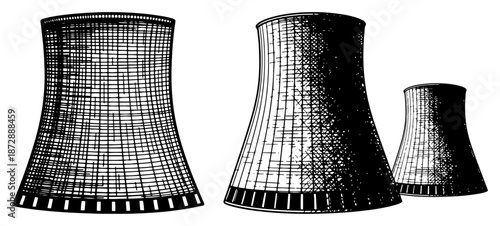 Nuclear power plant cooling towers in vintage sketch style