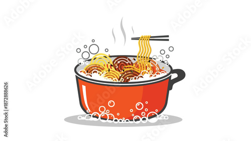 A vibrant, steaming bowl of instant noodles, complete with bubbling broth and chopsticks lifting a strand, presented in a minimalist, eye-catching