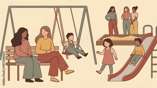 Diverse group of women and children enjoying time at a playground