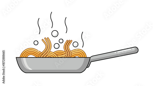 Golden pasta noodles simmering in a pan with steam and active bubbles, a simple cooking scene.