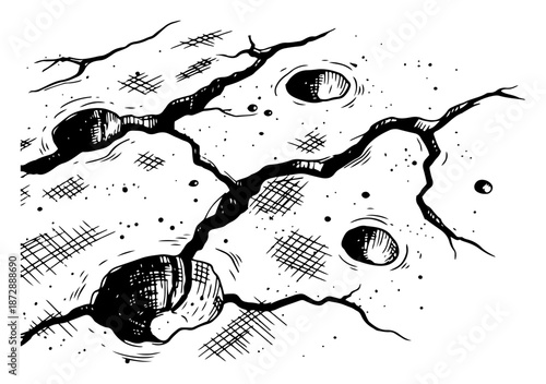 Moon surface texture with craters and deep cracks in sketch style