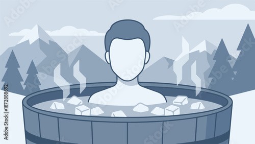 Person in cold plunge ice bath in winter snowy mountain landscape illustration
