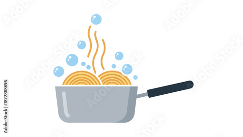 An engaging illustration showcasing the culinary process of boiling pasta in a pot with lively bubbles and rising steam perfect for food-related