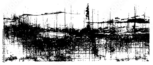 Grunge panoramic background with horizontal lines and chaotic ink textures