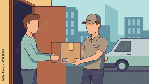 Delivery service worker handing package to customer at doorstep in city