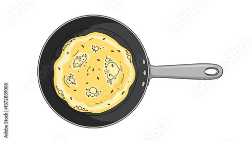An appetizing cartoon illustration of a golden pancake bubbling gently in a sleek dark frying pan, capturing the essence of home cooking and
