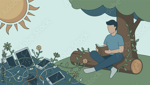 Digital Disconnection: A man enjoys nature and a book, away from broken tech