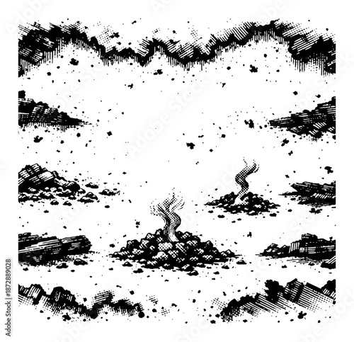 Post apocalyptic landscape with smoking ash piles and rocky terrain