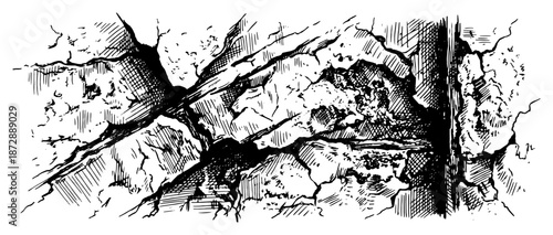 Cracked stone wall texture with deep fissures and crosshatch shading