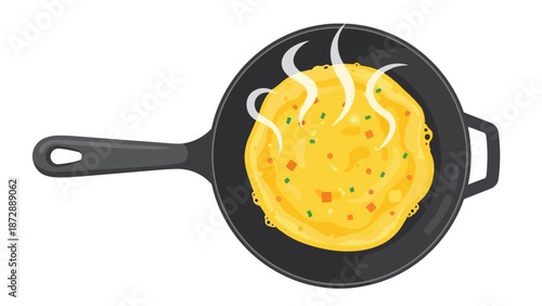A vibrant yellow fluffy omelet sizzling in a dark cast iron frying pan, emitting gentle steam, ready for a delightful morning meal or quick snack