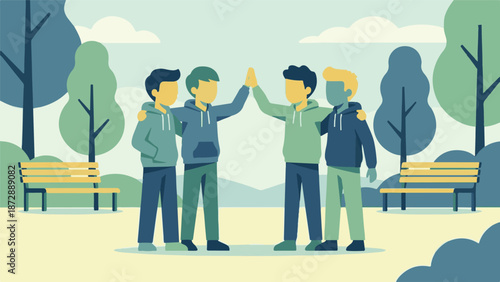 Youthful friends high-fiving in park, symbolizing teamwork and camaraderie
