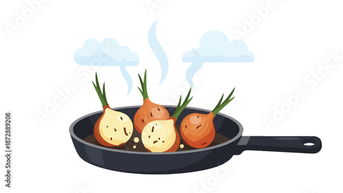 A vibrant illustration of four fresh onions, some sliced, gently cooking in a dark pan, releasing fragrant steam, depicting culinary preparation