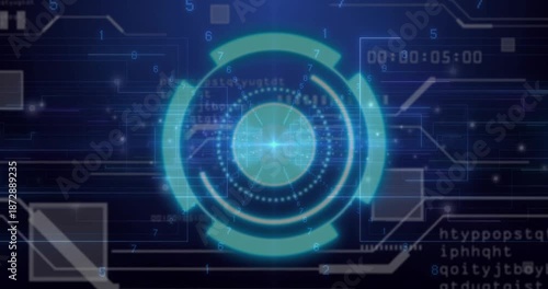 Circular GUI appearing on grid, rotating arcs, code stream, updating timer, looping countdown