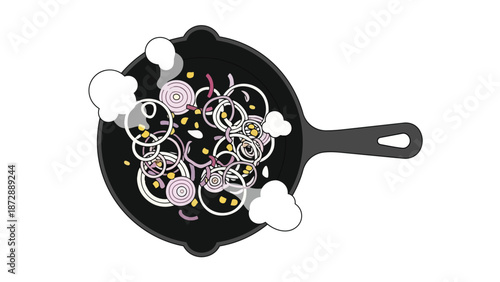 Stylized overhead illustration depicting fresh red and white onion rings actively cooking with scattered corn kernels in a dark frying pan, with